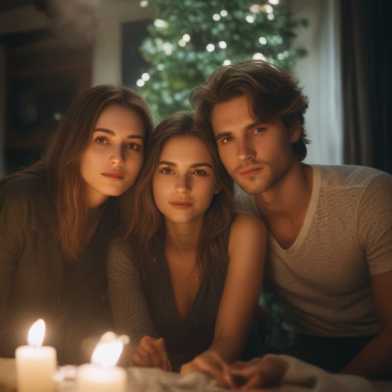 Picture of two beautiful women and a men hyperrealistic, full body, detailed clothing, highly detailed, cinematic lighting, stunningly beautiful, intricate, sharp focus, f/1. 8, 85mm, (centered image composition), (professionally color graded), ((bright soft diffused light)), volumetric fog, trending on instagram, trending on tumblr, HDR 4K, 8K