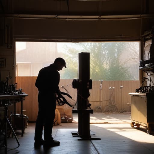 A photo of a mechanic inspecting a garage door mechanism in a dimly lit workshop during late afternoon with warm sunlight filtering through dusty windows, casting dramatic shadows and highlighting the intricate details of the tools and machinery in the background.