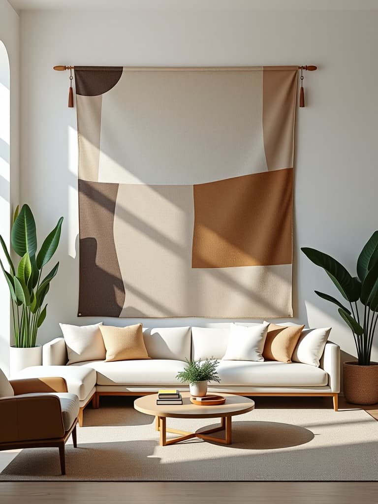  high quality portrait photo of a minimalist living room with a large, abstract tapestry in muted colors hanging on a white wall, complemented by sleek furniture and potted plants hyperrealistic, full body, detailed clothing, highly detailed, cinematic lighting, stunningly beautiful, intricate, sharp focus, f/1. 8, 85mm, (centered image composition), (professionally color graded), ((bright soft diffused light)), volumetric fog, trending on instagram, trending on tumblr, HDR 4K, 8K