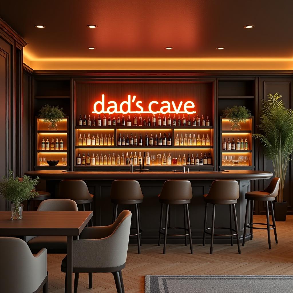  capture a hyperrealistic and highly detailed 8k photograph, unedited in raw format, featuring a bar area dedicated to entertaining and serving beverages. the scene is defined by a minimalist style, emphasizing simplicity, functionality, clean lines, and serene, uncluttered spaces. the image showcases symmetrical balance and is professionally color graded with bright, soft, diffused light and hdr techniques. the dominant color is hampton (rgb 229, 216, 175), complemented by sandrift (rgb 171, 145, 122) and accented with mandalay (rgb 173, 120, 27). additionally, english walnut (rgb 62, 43, 35) and irish coffee (rgb 95, 61, 38) add depth. the phrase “dad’s cave” is illuminated in neon light at the top, enhancing the dense furnishings an