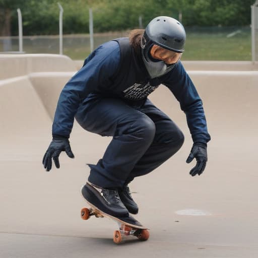 A comic image of a person in oversized protective gear looking comically cautious on a tiny skateboard in a (((skate park))), overly safe, exaggerated, detailed.