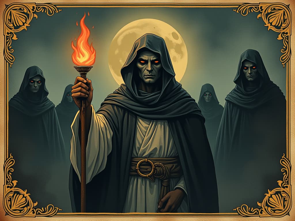  figure holding a symbol of achievement, shadowy figures in the background, indifferent eyes, determination, pride. an illustration in the style of a worn, mystical old tarot trump card, mysterious and elements of surrealism. the colors are muted, somber and eerie, but with contrast bring out an occult and esoteric vibe.