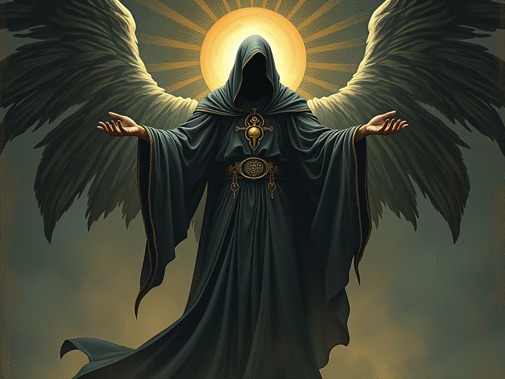  a robed figure standing tall, intricate robes flowing, surrounded by dissipating darkness, defiantly, triumphant, ethereal glow. an illustration in the style of a worn, mystical old tarot trump card, mysterious and elements of surrealism. the colors are muted, somber and eerie, but with contrast bring out an occult and esoteric vibe.