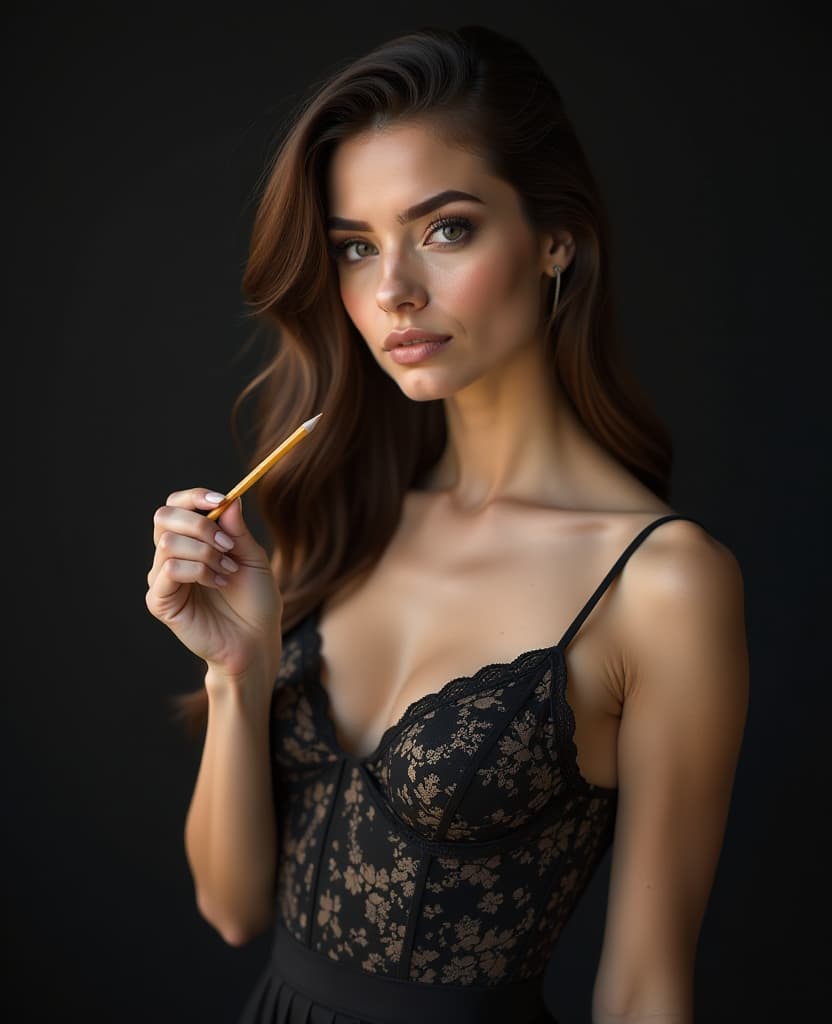  hdr photo of beautiful woman, model, makeup, waist high, in a dress, holding a small pencil, on a dark background . high dynamic range, vivid, rich details, clear shadows and highlights, realistic, intense, enhanced contrast, highly detailed