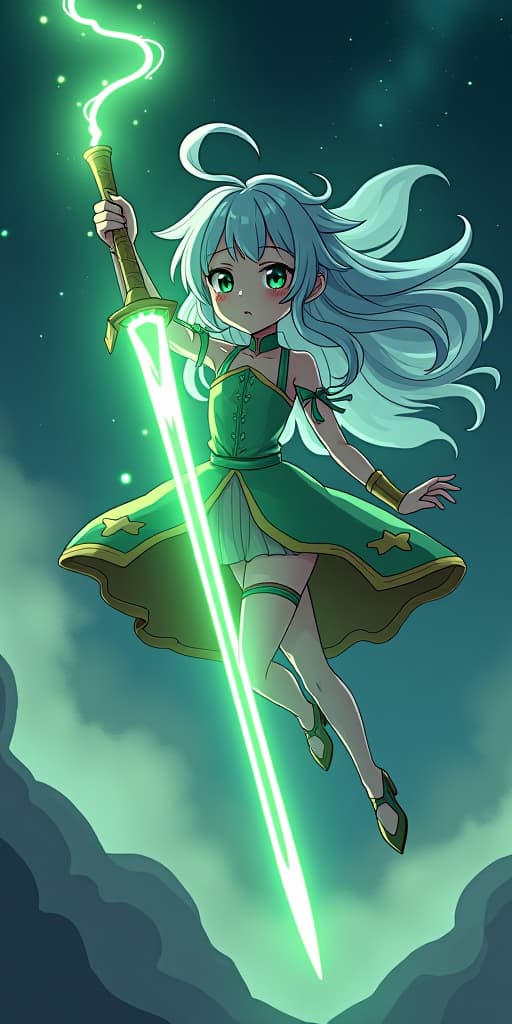  (mulihaohao:1.3), 43 pon, oil pasto, watecolor, (detailer:1.6), (muted colors),1girl,firefly \(honkai: star rail\),full body,in space,crying,floating in air,light green sparkles,tears,holding a light green lightning sword