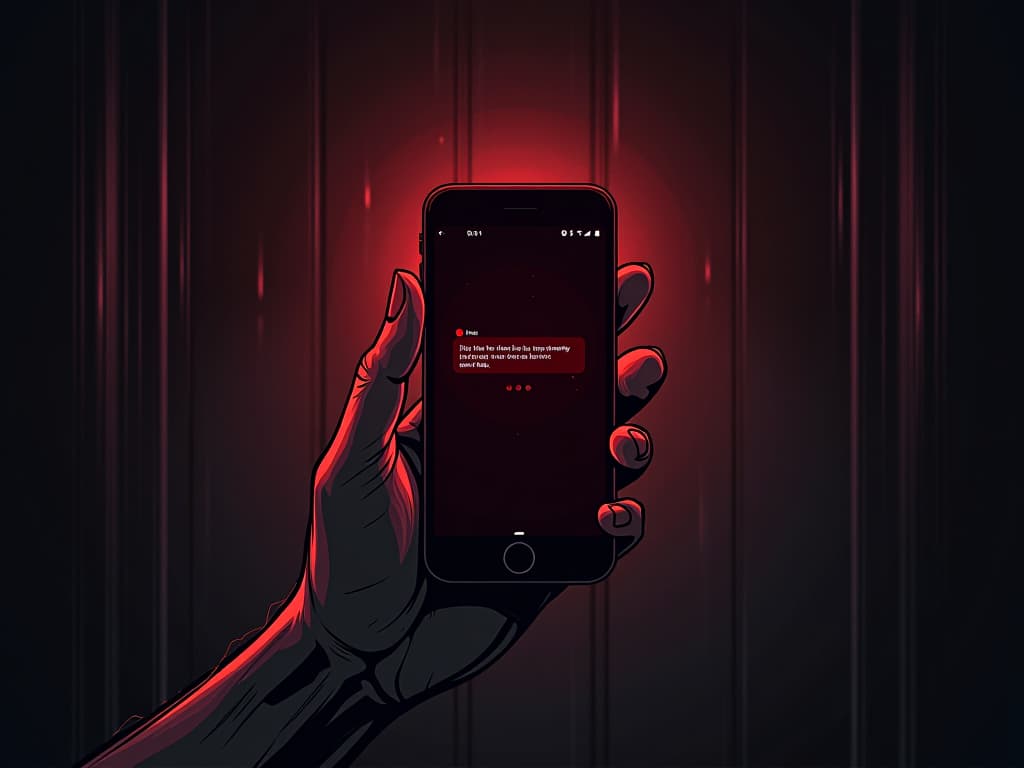  phone with a message notification, simple and small, but ominous aura surrounding it in a dark room. the style is digital art illustration / modern comic book / graphic dark novel fantasy and mysterious occult, symbolic, moody lighting, esoteric vibe,high detail on character design. for the color scheme emphasize blacks and reds.