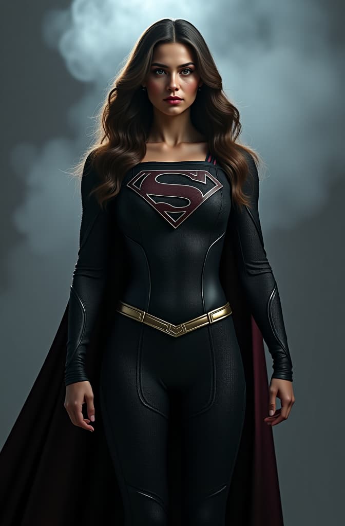  supergirl está transformada con un look oscuro y sofisticado. su traje negro es ajustado y de alto rendimiento, con un acabado satinado que refleja la luz de manera sutil. el traje está diseñado para enfatizar su figura atlética y poderosa, y se ajusta perfectamente a su cuerpo, con detalles en relieve que sugieren un diseño tecnológico avanzado. el escote del traje es bajo, mostrando un toque de estilo y elegancia, y su abdomen está parcialmente expuesto, revelando una musculatura bien definida. en lugar de los colores tradicionales de su traje, el negro domina todo el conjunto, con detalles en tonos más oscuros que aportan profundidad y complejidad. su cabello es largo, lacio y de un negro profundo, cayendo en cascada sobre sus  hyperrealistic, full body, detailed clothing, highly detailed, cinematic lighting, stunningly beautiful, intricate, sharp focus, f/1. 8, 85mm, (centered image composition), (professionally color graded), ((bright soft diffused light)), volumetric fog, trending on instagram, trending on tumblr, HDR 4K, 8K