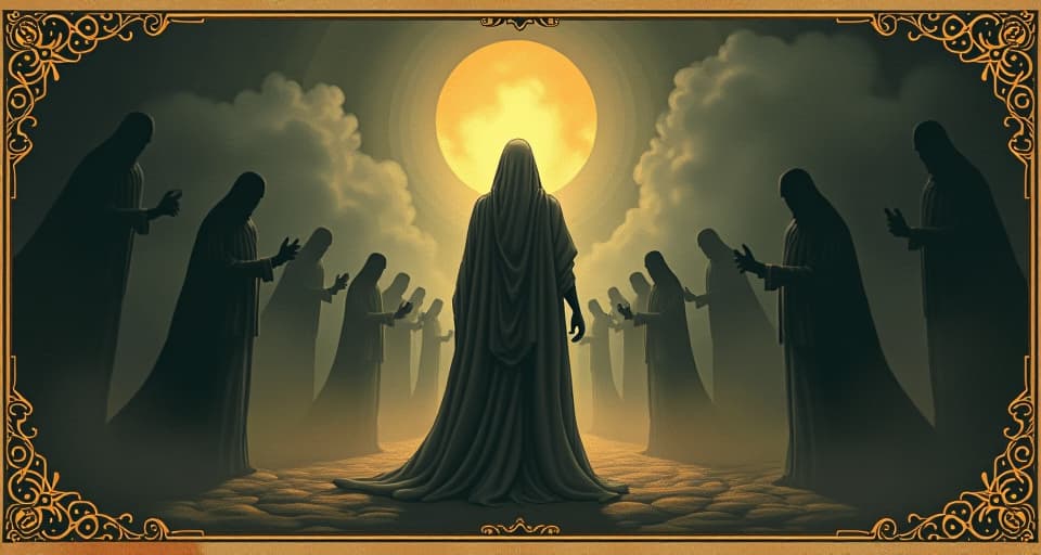  a glowing figure standing proud, shadowy forces unable to dim the light, paradox, symbol of hope, unwavering resolve. an illustration in the style of a worn, mystical old tarot trump card, mysterious and elements of surrealism. the colors are muted, somber and eerie, but with contrast bring out an occult and esoteric vibe.