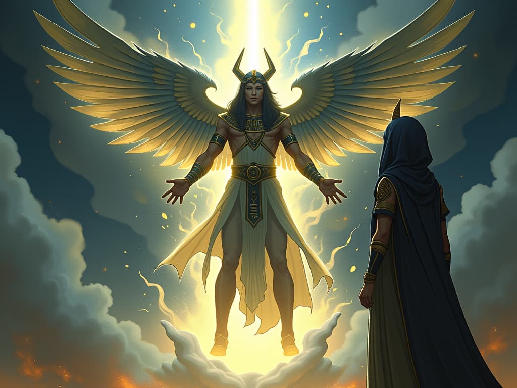  god of transformation with shifting form, surrounded by ethereal light, large busted priestess observing, symbolizing dynamic transformation process. the style is digital art illustration / modern comic book / mysterious occult, symbolic, esoteric vibe,high detail on character design, incorporating ancient egyptian symbology and attire.