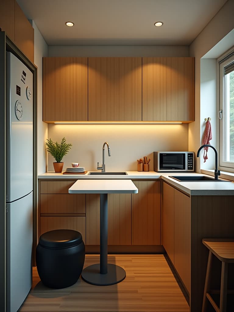  high quality portrait photo of a cozy small kitchen with a fold down table against the wall, surrounded by built in cabinets and a compact appliance garage, viewed from a corner perspective hyperrealistic, full body, detailed clothing, highly detailed, cinematic lighting, stunningly beautiful, intricate, sharp focus, f/1. 8, 85mm, (centered image composition), (professionally color graded), ((bright soft diffused light)), volumetric fog, trending on instagram, trending on tumblr, HDR 4K, 8K