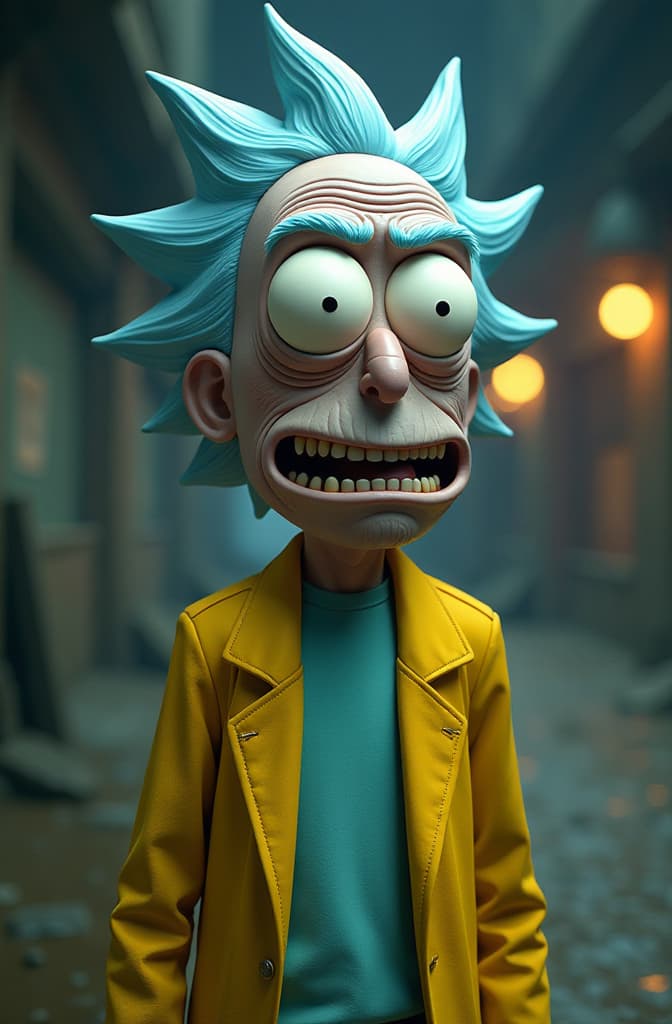  rick and morty hyperrealistic, full body, detailed clothing, highly detailed, cinematic lighting, stunningly beautiful, intricate, sharp focus, f/1. 8, 85mm, (centered image composition), (professionally color graded), ((bright soft diffused light)), volumetric fog, trending on instagram, trending on tumblr, HDR 4K, 8K