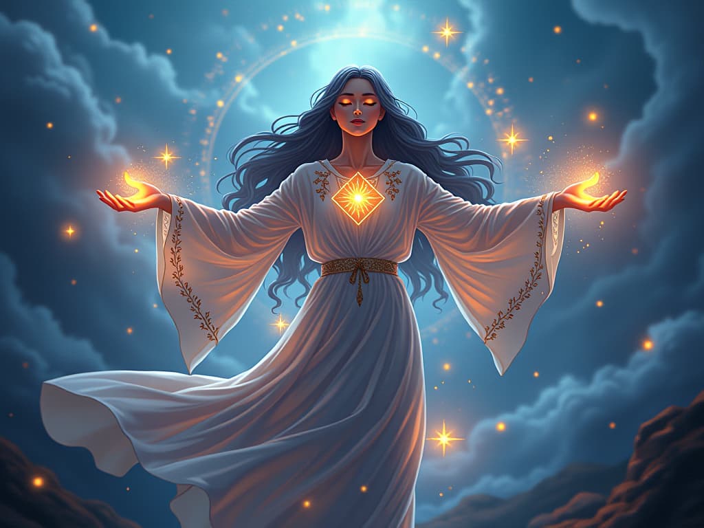  mystic whose energy flows freely, enveloped in glowing celestial symbols and divine light in a serene, ethereal landscape.. the style is digital art illustration,highly detailed, whimsical,magical, dreamlike atmosphere, realism and fantasy blend, smooth, glossy textures,luminous quality, wonder and enchantment.