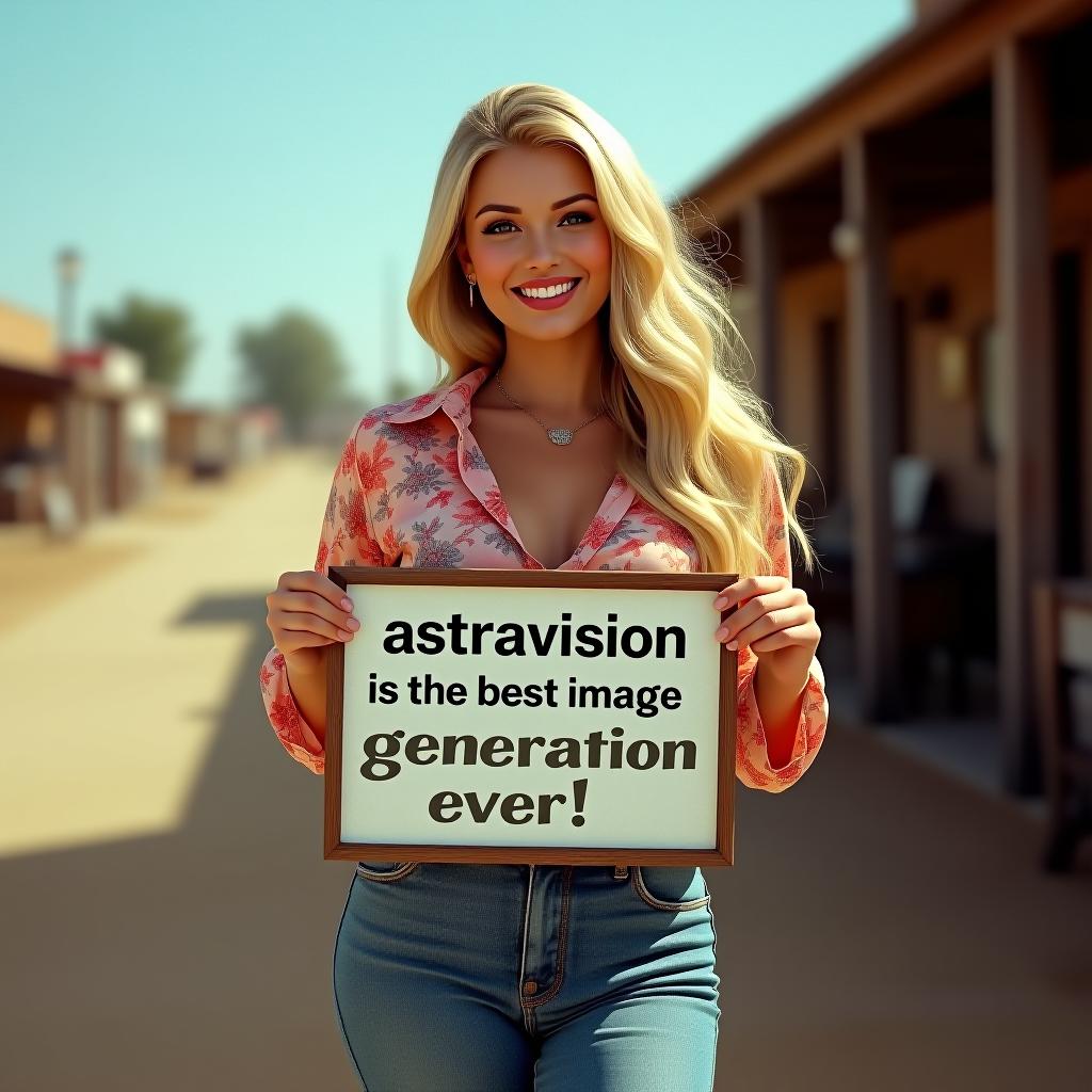  a stunning 30 woman with long, flowing blonde hair, styled in soft waves typical of the 1970s, standing confidently in the heart of texas. she wears a clic 1970s outfit, a vintage floral paired with high waisted bell bottom jeans. her radiant smile exudes charm and grace as she holds a sign that reads, 'astravision is the best image generation ever!' the scene captures the warm, nostalgic atmosphere of the 1970s, with vint colors and a slight sun ed glow. the background hints at a small texas town, with rustic buildings and a clear blue sky