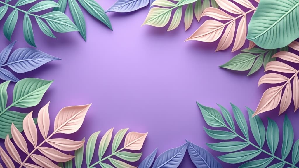  pastel tropical leaves on a purple background with copy space image