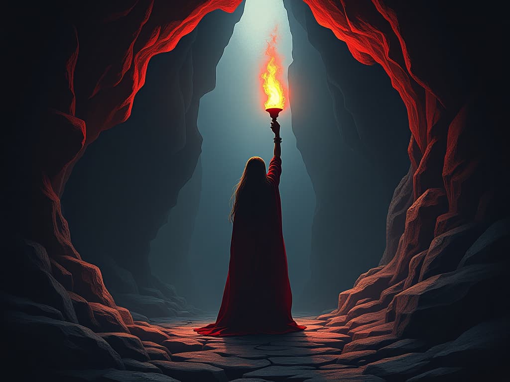  a radiant figure holding a torch aloft in a dark cavern, illuminating hidden paths. ethereal glow, intricate cave walls, inspiration, transformation.. the style is dark fantasy and mysterious occult, symbolic, moody lighting, esoteric vibe,high detail on character design. for the color scheme emphasize blacks and reds.