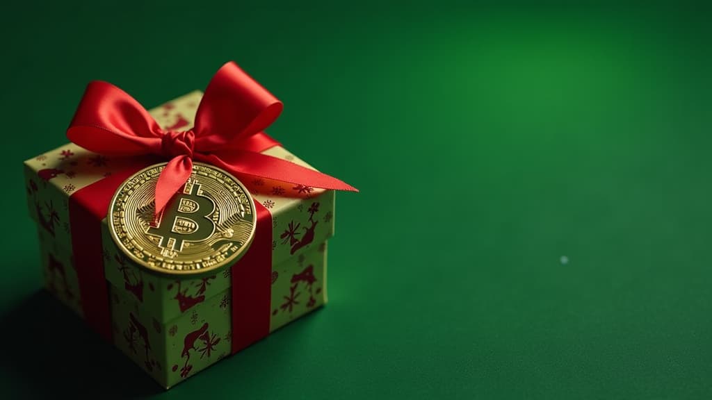  banner on a right side a gold coin with a bitcoin or ethereum symbol, tied with a festive red bow, as if it were a gift. christmas concept, festive green background . lot of place on a left {prompt}, maximum details