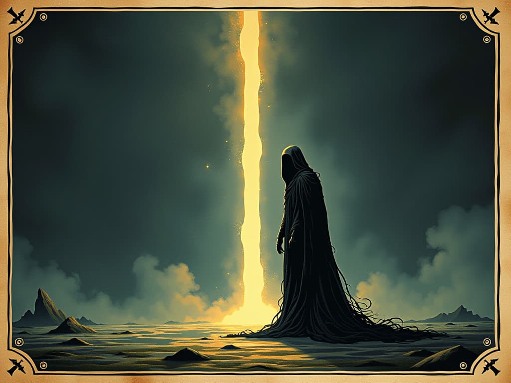  a dark, foreboding force standing against a bright pillar of light, sharp contrasts, tension palpable in the air, malicious intent, confrontation. an illustration in the style of a worn, mystical old tarot trump card, mysterious and elements of surrealism. the colors are muted, somber and eerie, but with contrast bring out an occult and esoteric vibe.