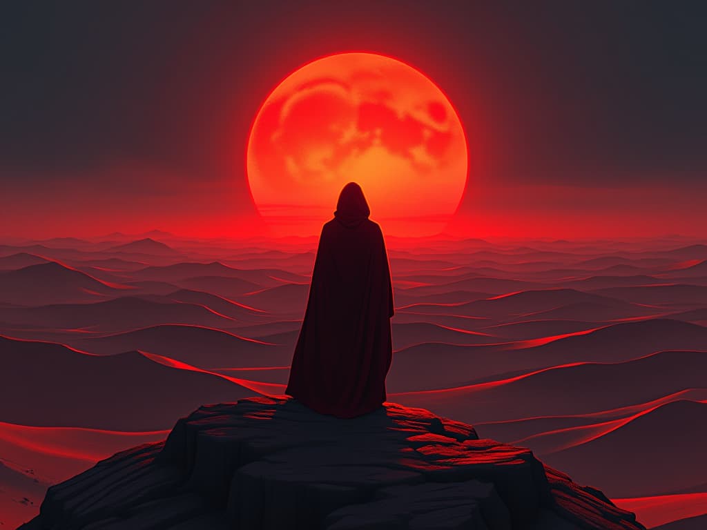  person in red, standing at the edge of a vast desert, looking at the horizon, aura of consequences and contemplation, setting sun. the style is digital art illustration / modern comic book / graphic dark novel fantasy and mysterious occult, symbolic, moody lighting, esoteric vibe,high detail on character design. for the color scheme emphasize blacks and reds.