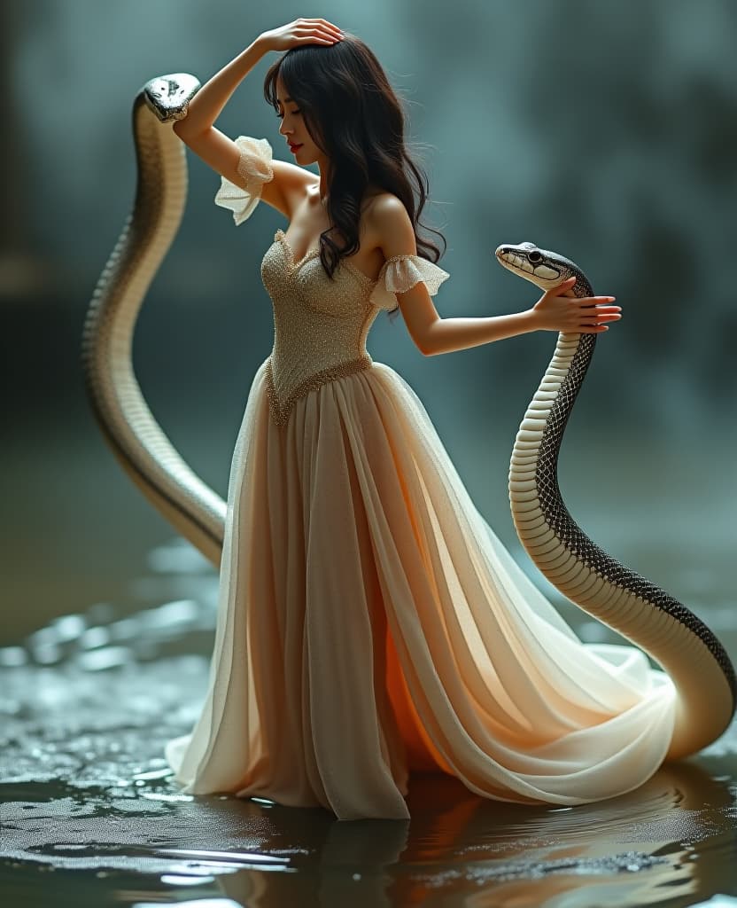  hyperrealistic art in micro dress plays, dances, cares with a big, graceful, elegant, , silver snake . extremely high resolution details, photographic, realism pushed to extreme, fine texture, incredibly lifelike hyperrealistic, full body, detailed clothing, highly detailed, cinematic lighting, stunningly beautiful, intricate, sharp focus, f/1. 8, 85mm, (centered image composition), (professionally color graded), ((bright soft diffused light)), volumetric fog, trending on instagram, trending on tumblr, HDR 4K, 8K