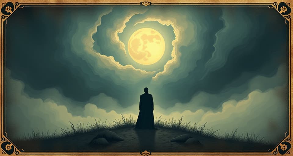  a solitary figure standing against a storm, heavy winds and dark clouds swirling, unyielding stance, determined, enduring. an illustration in the style of a worn, mystical old tarot trump card, mysterious and elements of surrealism. the colors are muted, somber and eerie, but with contrast bring out an occult and esoteric vibe.