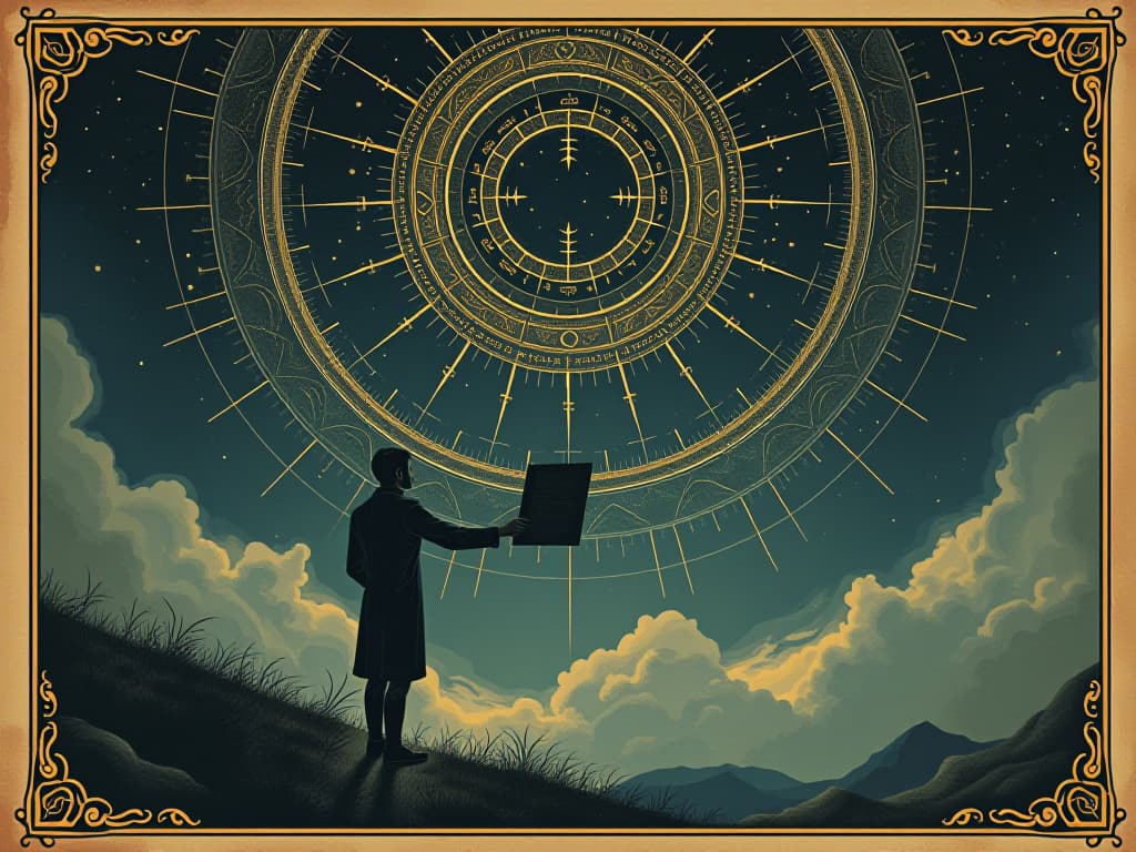  a celestial architect drawing intricate designs in the sky, person below observing in awe, cosmic planning, divine blueprint, night sky ambiance. an illustration in the style of a worn, mystical old tarot trump card, mysterious and elements of surrealism. the colors are muted, somber and eerie, but with contrast bring out an occult and esoteric vibe.