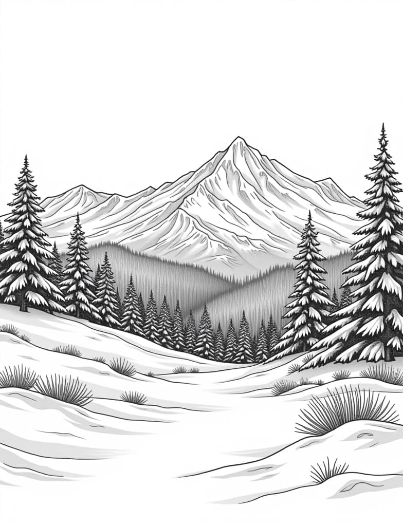  this is for an adult coloring page. a detailed black and white line art of a snowy snowy landscape with a distant view of a mountain range on a solid white background.