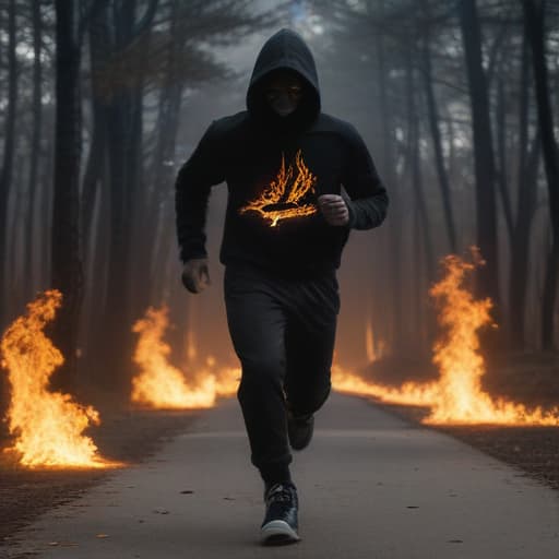 Lonely athletic man wearing a black hoodie and black pants. He is running in the dark but is super fast. He is being chased and is wearing a purge mask with “X” drawn glowing over his eyes on the mask. Flames come from his shoes from the speed and friction which leaves a path of smoke. The bottom right corner of the picture has a rap album warning which notifies the listener of the album that there is explicit language. He seeks loneliness. in Surrealist style with Forests background