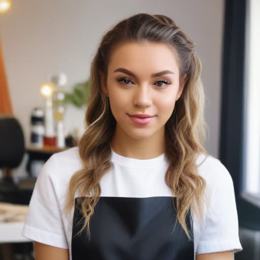 An image of a skilled (((hairstylist))) wearing a stylish apron looking at the camera in a modern (((hair salon))), demonstrating advanced styling techniques such as balayage on straight hair and cornrows on curly hair, soft natural lighting, detailed, realistic.