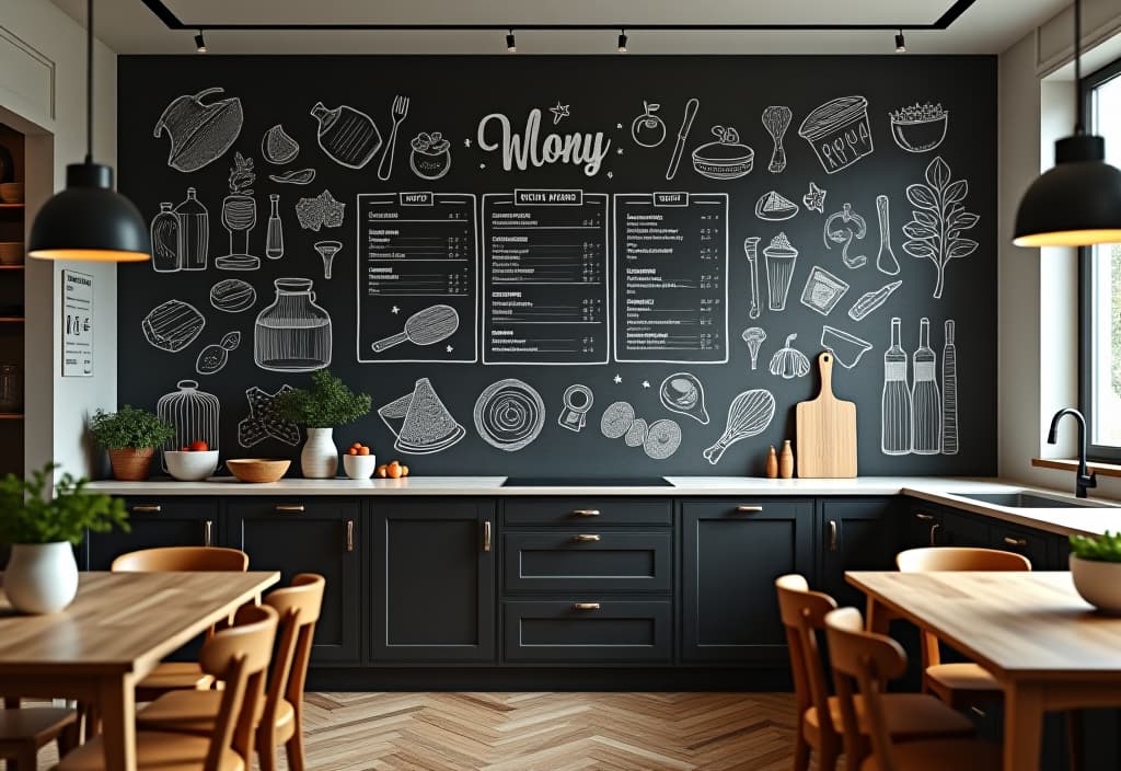  a landscape photo of a modern kitchen with a large chalkboard wall featuring hand drawn menu plans, grocery lists, and playful food doodles in white chalk hyperrealistic, full body, detailed clothing, highly detailed, cinematic lighting, stunningly beautiful, intricate, sharp focus, f/1. 8, 85mm, (centered image composition), (professionally color graded), ((bright soft diffused light)), volumetric fog, trending on instagram, trending on tumblr, HDR 4K, 8K