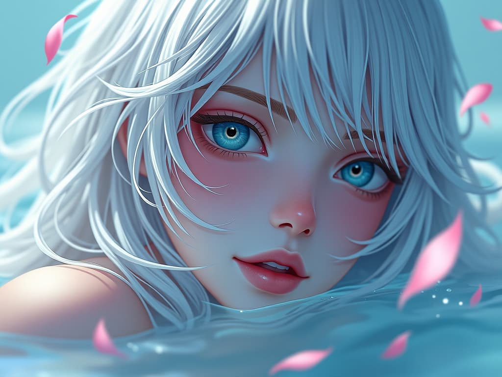  masterpiece,best quality,official art,extremely detailed cg 8k wallpaper,(flying petals) (detailed ice),crystals texture skin,1girl,cold expression,white hair,long hair,messy hair,blue eye,looking at viewer,extremely delicate and beautiful,water,((beauty detailed eye)),highly detailed,cinematic lighting,((beautiful face), fine water surface, (original figure painting), ultra detailed, incredibly detailed, (an extremely delicate and beautiful), beautiful detailed eyes, (best quality), award winning, professional, highly detailed, masterpiece