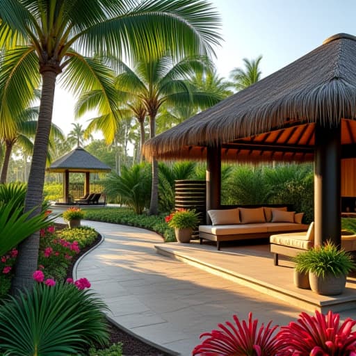  a beautiful tropical paradise setting with palm trees, vibrant flowers, and a luxurious outdoor living space with a thatched roof and modern outdoor furniture.