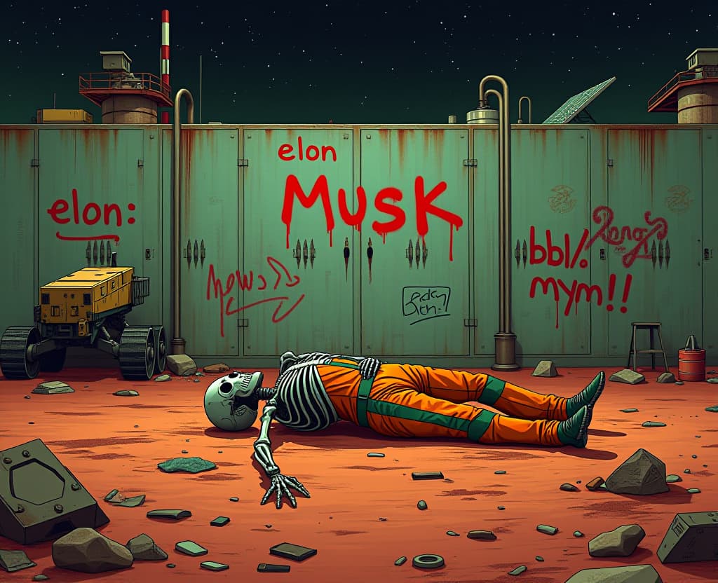  a red hand written spray as graffiti text (uppercase )"elon musk", ((lowercase)) ((("bbl///\ mym !"))); a science fiction illustration front view of a skeleton as corpse in a orange and green suit discarded on the ground, wall of an industrial facilitie with cisterns. (fields of solar panels at horizon); mutliple graffiti on walls, industrial complex, metalic green walls covered with rust, red sand, mars rover on the side, broken mecanials parts against a wall, trash on the ground; the background is a night sky stars constellation in dark sky. hyperrealistic, full body, detailed clothing, highly detailed, cinematic lighting, stunningly beautiful, intricate, sharp focus, f/1. 8, 85mm, (centered image composition), (professionally color graded), ((bright soft diffused light)), volumetric fog, trending on instagram, trending on tumblr, HDR 4K, 8K