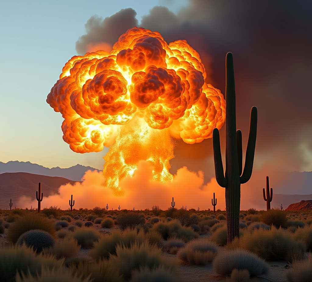  massive explosion in desert landscape near cacti