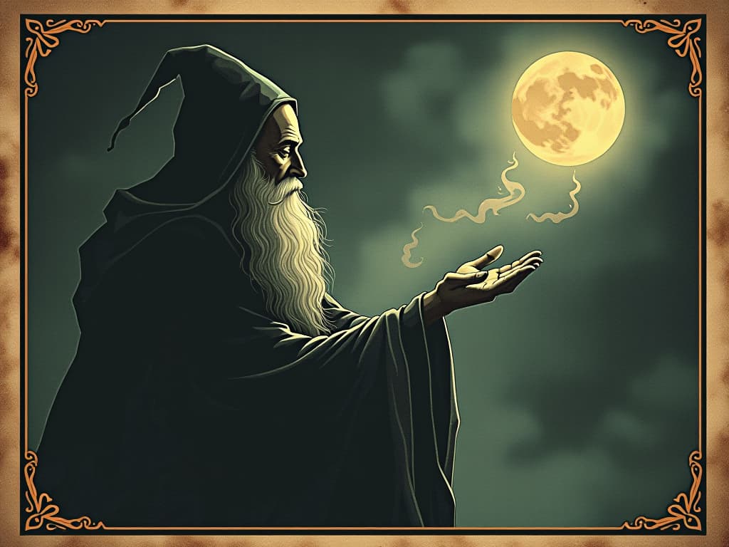  a wise sage, surrounded by ethereal light, guiding a path through darkness, wisdom, illumination, untarnished guidance. an illustration in the style of a worn, mystical old tarot trump card, mysterious and elements of surrealism. the colors are muted, somber and eerie, but with contrast bring out an occult and esoteric vibe.