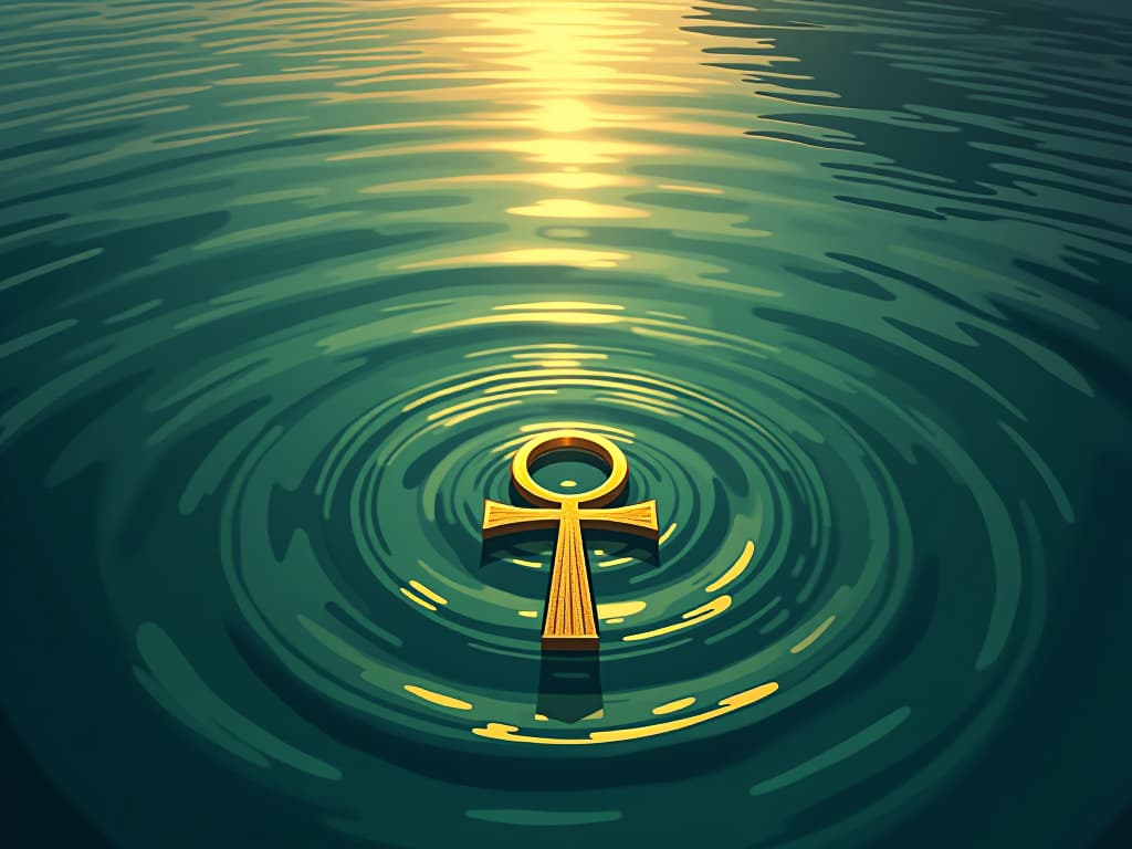  rippling waters of the nile, with a golden ankh floating, rays of sunlight piercing through, calm yet powerful, symbolizing ripples in the ocean of existence. the style is digital art illustration / modern comic book / mysterious occult, symbolic, esoteric vibe,high detail on character design, incorporating ancient egyptian symbology and attire.