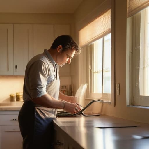 A photo of a dedicated and skilled HVAC technician inspecting and cleaning a dusty vent in an upscale modern kitchen during the golden hour with warm, soft sunlight streaming in through the windows, illuminating the particles in the air and highlighting the technician's attentive focus and precise movements.