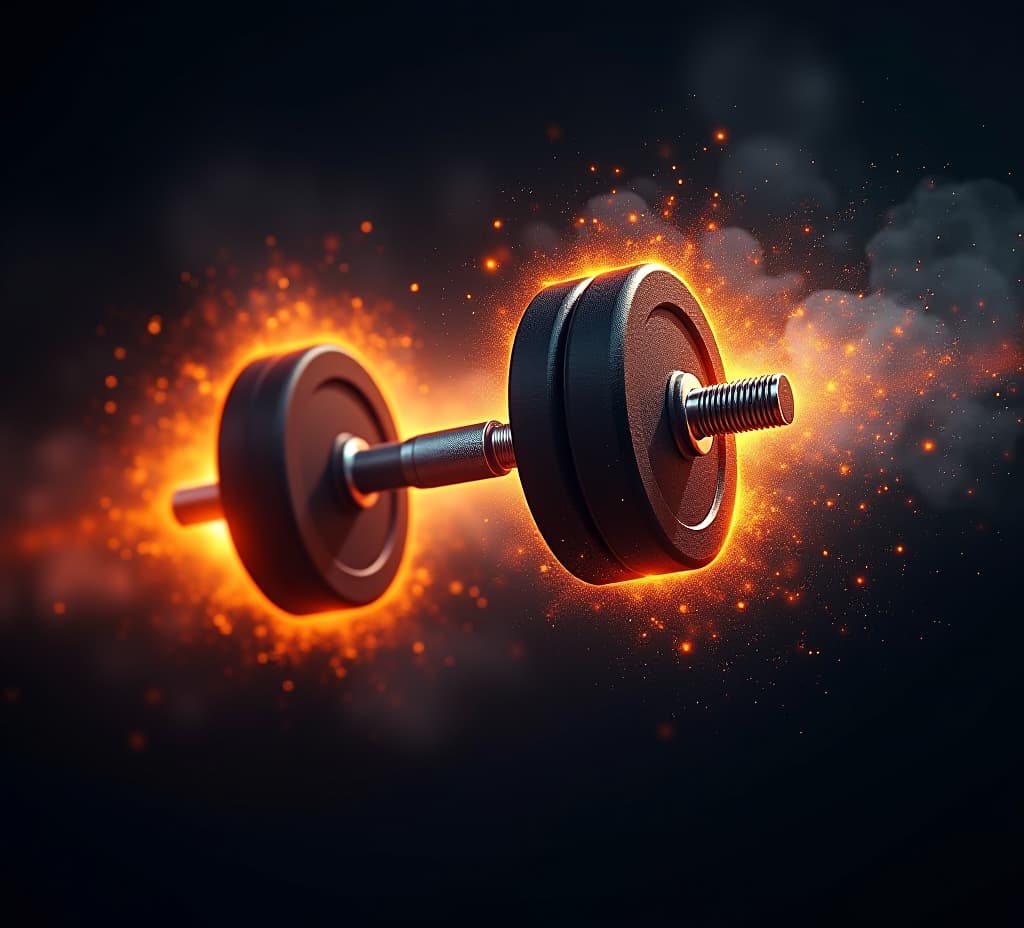  dynamic dumbbell with a burst of energy, symbolizing strength and fitness motivation, high quality, high details, hd, perfect composition, 4k epic detailed, highly detailed, sharp focus, high resolution