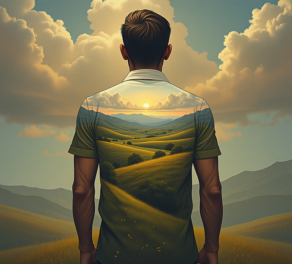  illustration of a human's back with a landscape on it