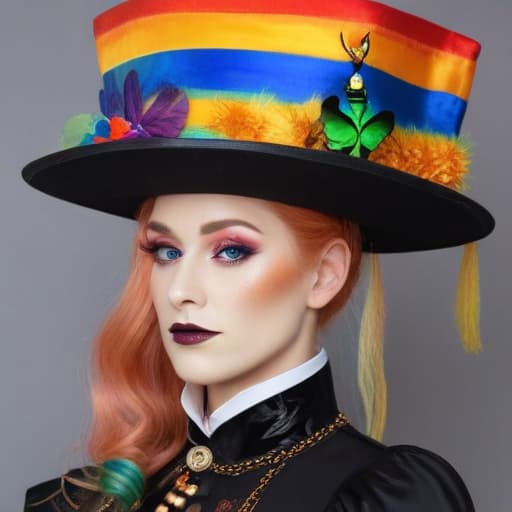 Rainbow drag queen cowboy top hat and headdress tuxedo with spurs toucan Elizabethan collar wand paraso in the Van Gogh style