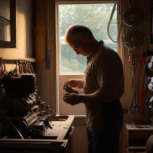 A photo of a seasoned garage door technician inspecting a motor mechanism in a dimly lit, cluttered garage workshop during the late afternoon light filtering in through dusty windows.