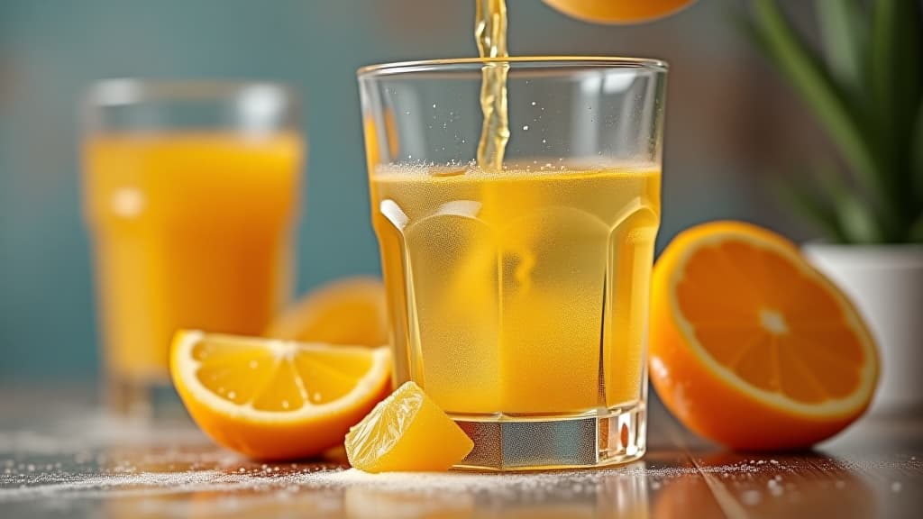  detailed shot of vitamin c powder being mixed in water, immune boost, clean and fresh