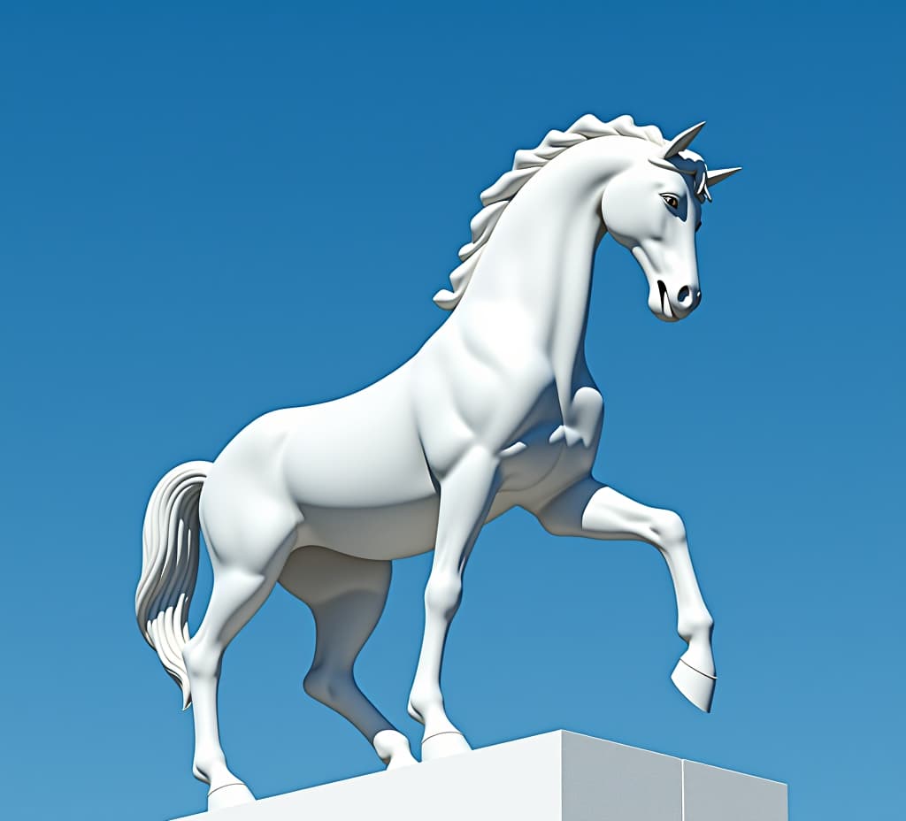  a white horse statue with a blue background