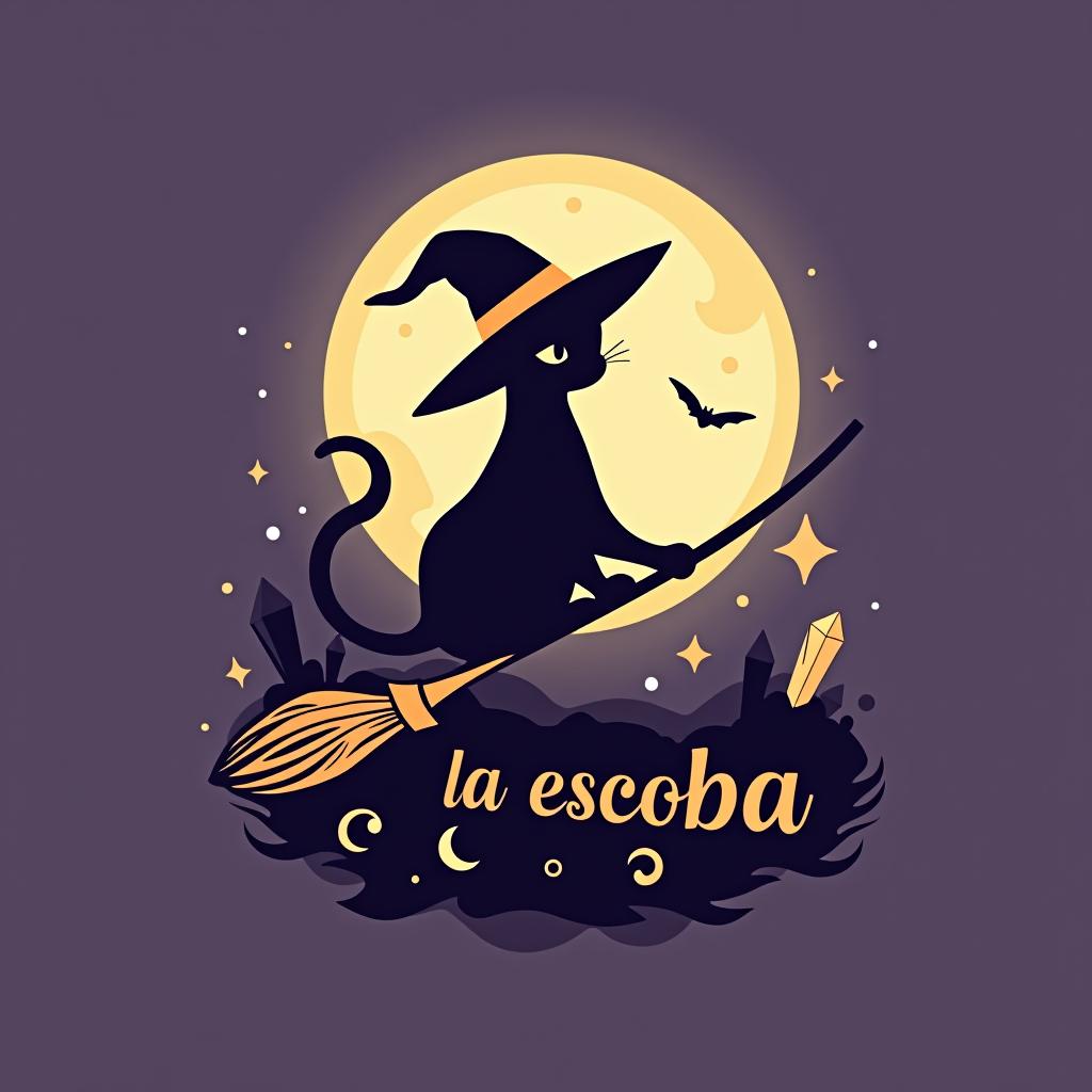  design a logo, witchy, cat silhouette on broom, crystals, moon , with the text 'la escoba '.