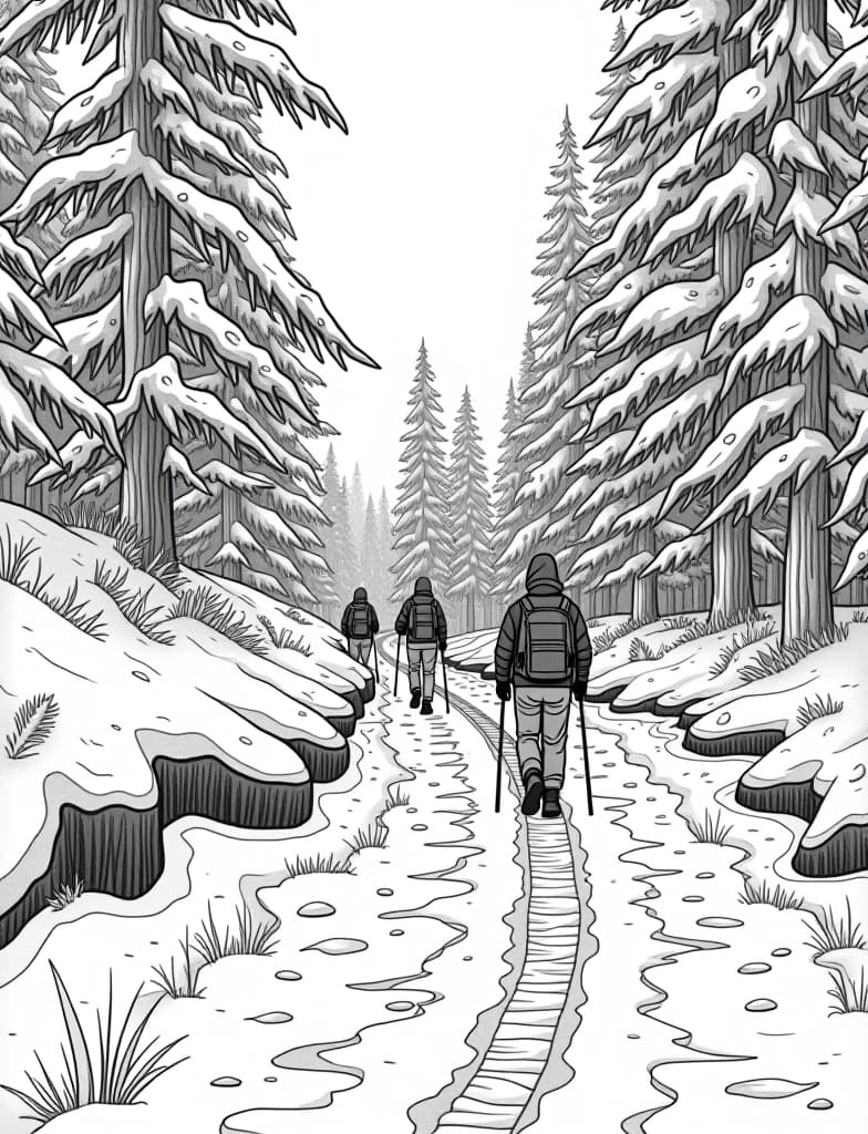  this is for an adult coloring page. a detailed black and white line art of a snowy snowy woodland trail with a group of hikers walking on a solid white background.