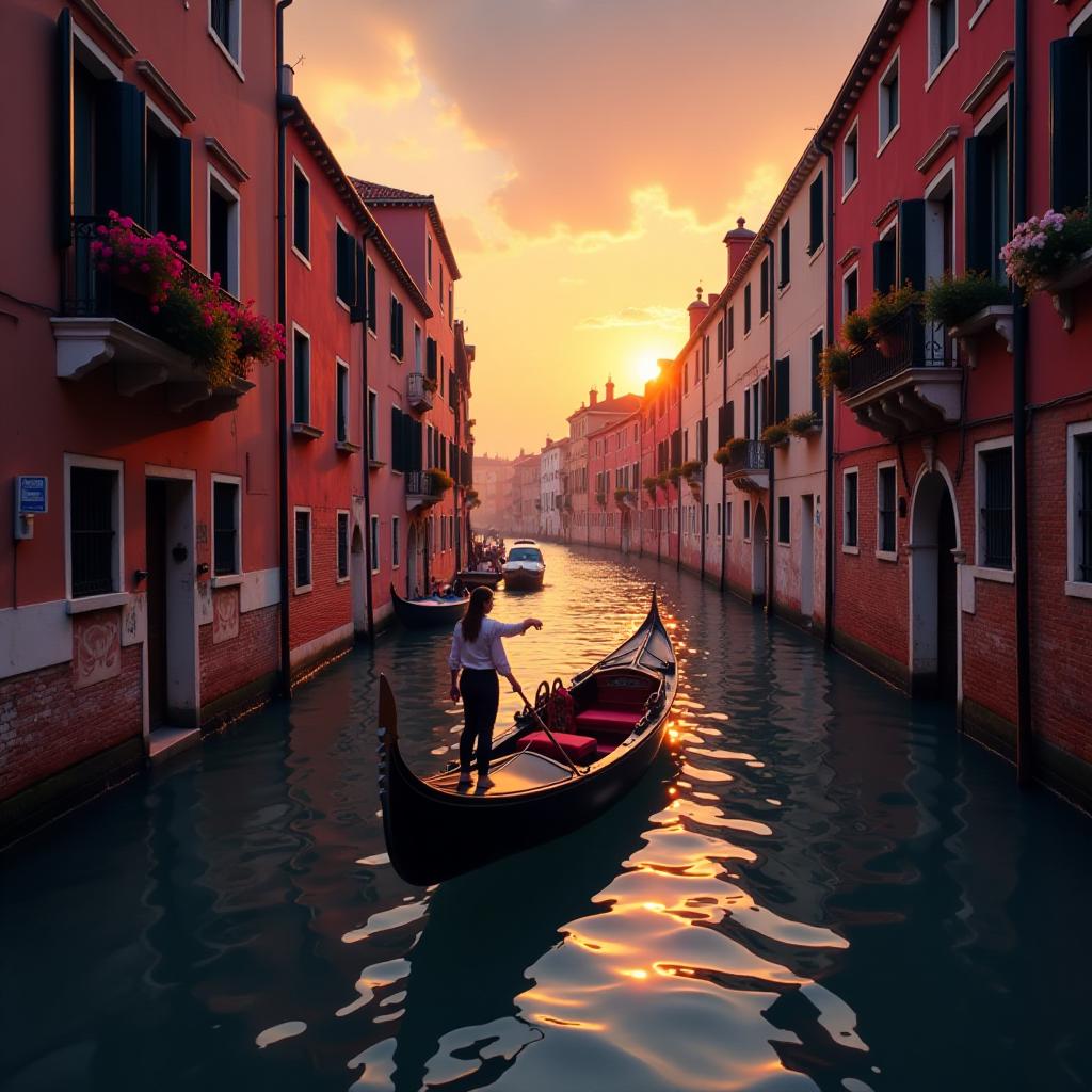  depict an image of a romantic gondola ride through the canals of venice at sunset, with reflections of colorful buildings on the water and flower adorned balconies.