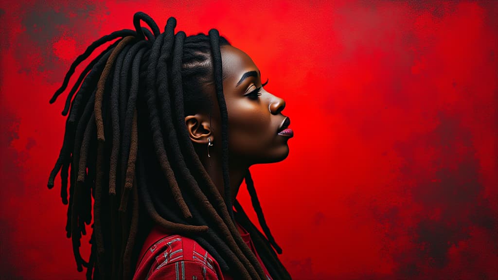  profile of a thoughtful woman with colorful dreadlocks against a striking red and black background