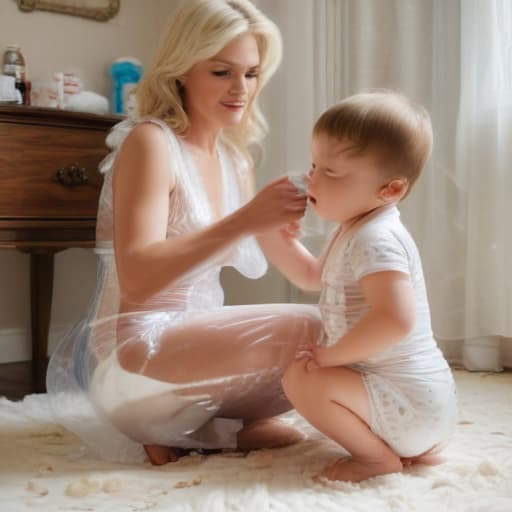 A middle age woman dressed in clear transparent plastic dress with big s is feeding a big age boy sitting in a chair in plastic pants and diaper while. Gobs of White cream is all over his mother who is and white cream is all over both of them. The room is dark and messy with Penthouse and magazine all over the floor. The boys is sticking way up over his diaper pants. Don’t forget to display white gobs of white cream all over both of them, the floor and the walls!