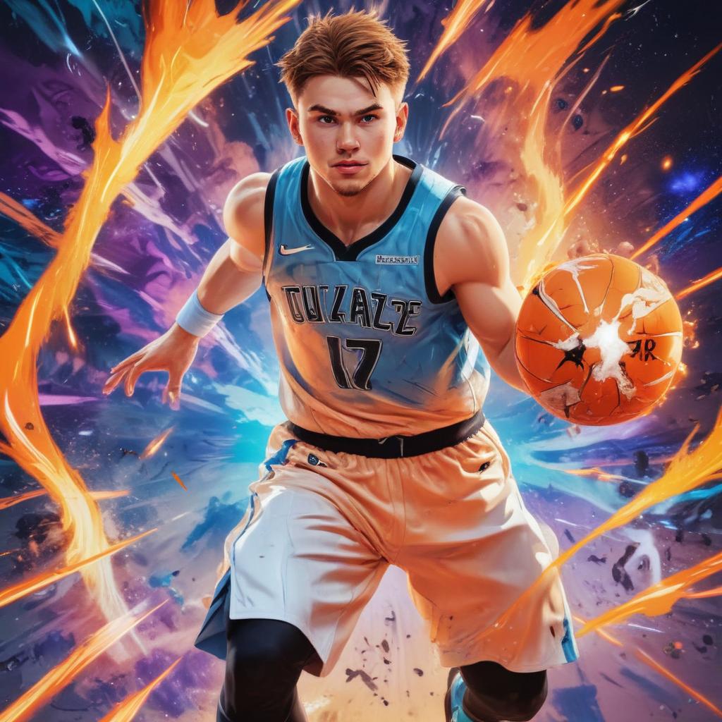 distance-shot, flashy, full-body, dynamic, holographic, animated cartoon poster of luka doncic in the style of dragon ball super