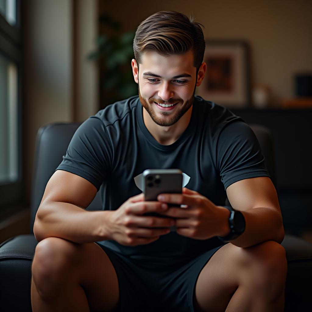  a young pumped boy with brown hair and a short brown goatee beard wearing a tight black tshirt with the text under armour he is also wearing black shorts and white nike sneakers her is sitting on a chair watching his iphone hyperrealistic, full body, detailed clothing, highly detailed, cinematic lighting, stunningly beautiful, intricate, sharp focus, f/1. 8, 85mm, (centered image composition), (professionally color graded), ((bright soft diffused light)), volumetric fog, trending on instagram, trending on tumblr, HDR 4K, 8K