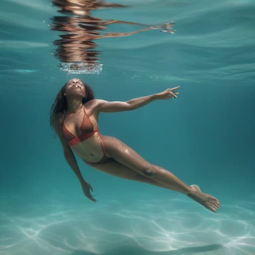 African woman in swimsuit drowning underwater. In full growth